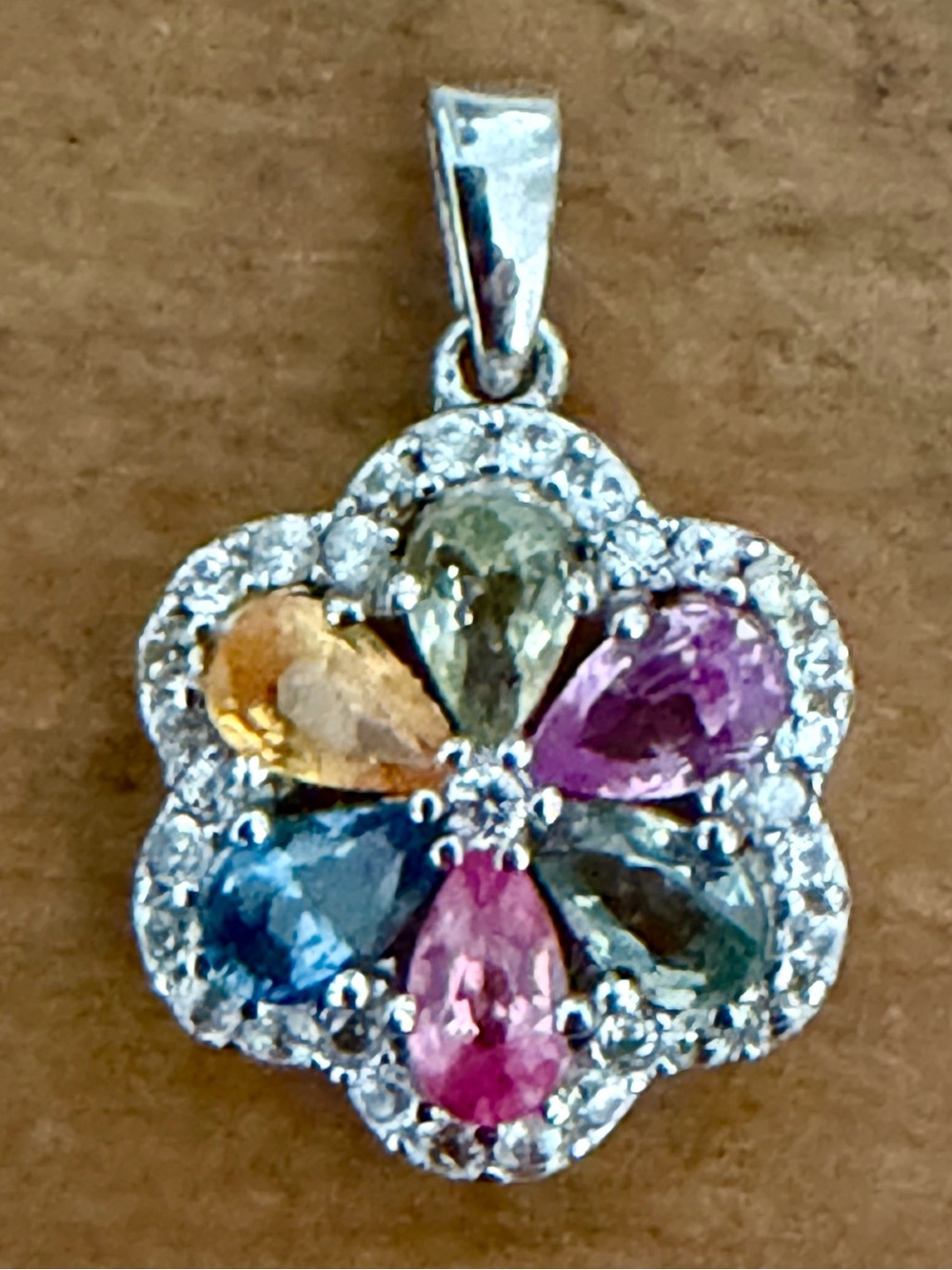 925 STERLING SILVER MULTI-COLOR SAPPHIRE FLOWER PENDANT 0.75" HALO CLUSTER